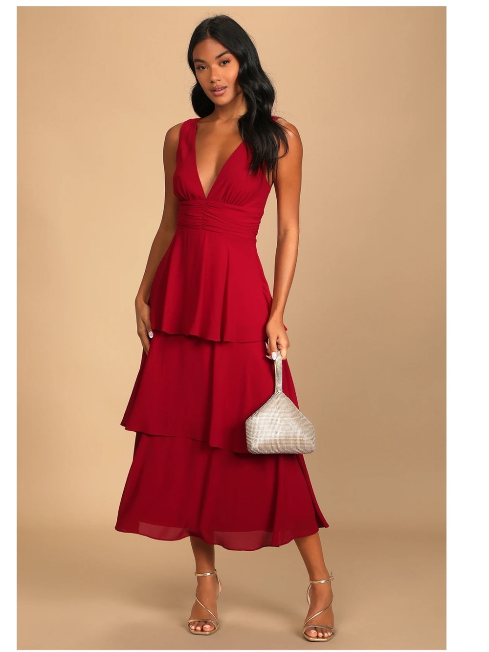 Lulus Celebration Time Red Sleeveless Tiered V-Neck Chiffon Midi Dress Event